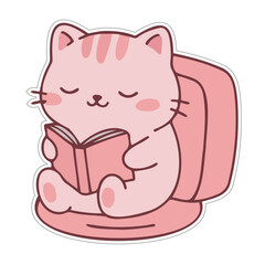 cute pink cat sitting on chair reading book sticker