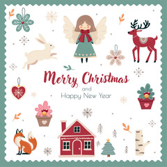 Christmas card with vector image in Scandinavian style of angel, reindeer, fox, Christmas tree toys, cozy house