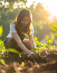 A woman plants a tree in the garden
