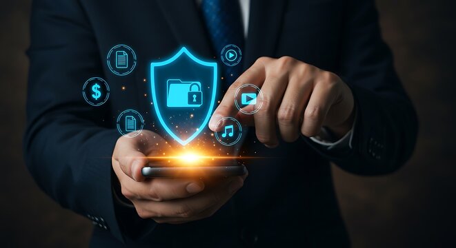 Managing secure cloud storage and data encryption. User touching a phone screen with a glowing shield, ensuring privacy for financial and personal files