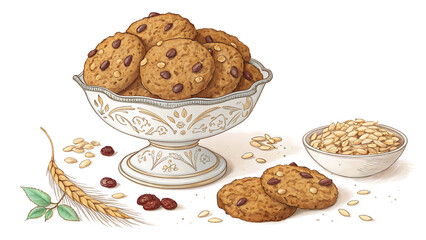 chocolate chip cookies, Healthy oatmeal cookies in decorative vase isolated vector illustration on white background, cookies and cup of coffee