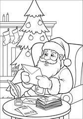 Santa Claus reading Christmas letters by fireplace coloring page