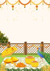 Wedding Haldi Invitation Green and Cream Organic Illustrative Blank Card Background