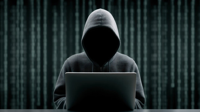 A mysterious figure in a hoodie intently works on a laptop surrounded by a digital code backdrop.