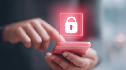 A person using a smartphone with a digital lock icon indicating security and privacy on the screen.