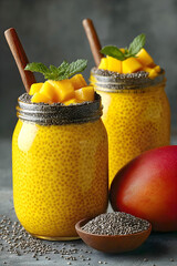 Delicious mango chia pudding served in jars with fresh mint and chia seeds on a dark background