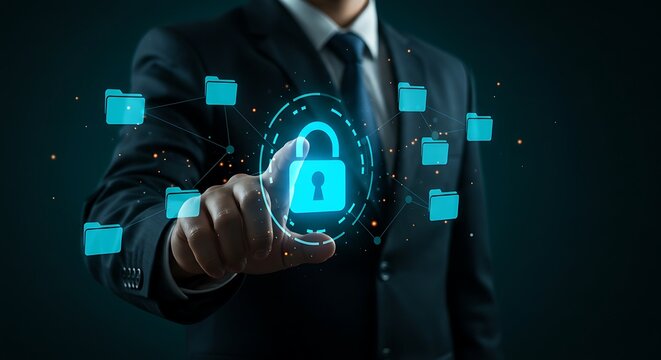 Businessman accessing secure digital data network with virtual lock icon representing cybersecurity and data protection technology