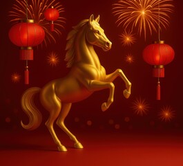 Chinese new year celebration with golden horse statue and red lanterns.