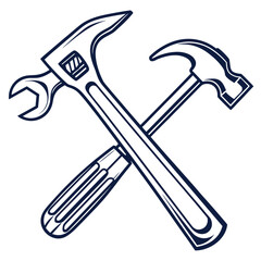 Crossed hammer and adjustable wrench, vector illustration