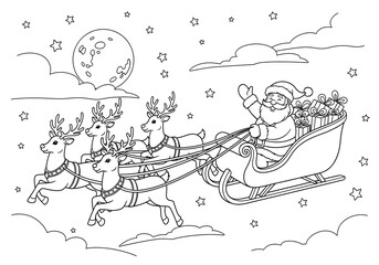 Santa Claus flying with reindeer coloring page