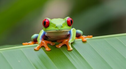 Naklejka premium Red-Eyed Tree Frog on Leaf - A Vibrant Tropical Encounter.