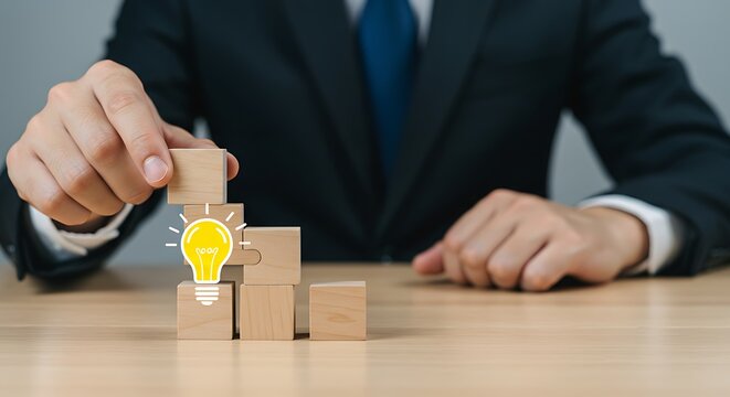Bright idea and business growth concept with man building wooden cubes and light bulb representing creativity and vision - Powered by Adobe