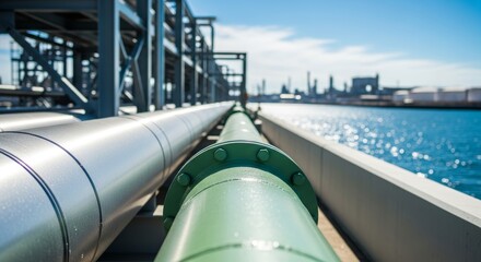 Industrial pipes and waterfront refinery scenery with sparkling blue water