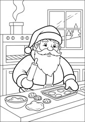 Santa Claus baking cookies in the kitchen coloring page
