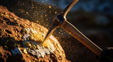 pickaxe striking rich gold ore, shimmering dust flies as mineral deposits are
