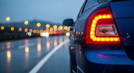 Automobile journey at dusk with illuminated taillight and bokeh city lights