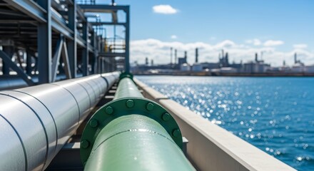 Industrial Pipelines Along Waterfront with Distant Refinery and Blue Sky