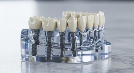 Dental implant model showcasing full arch restoration and prosthetic teeth