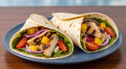 Flavorful grilled chicken wraps with fresh vegetables on a blue plate