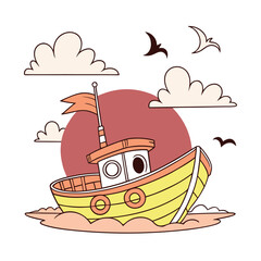 Cute Cartoon Boat Floating Under Orange Sunset Digital Illustration