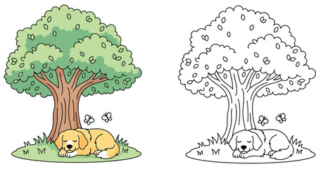 Adorable Puppy Sleeping Peacefully Under a Tree on a Grassy Hill - Cute Cartoon Dog Outline for Coloring Book or Kids Activity