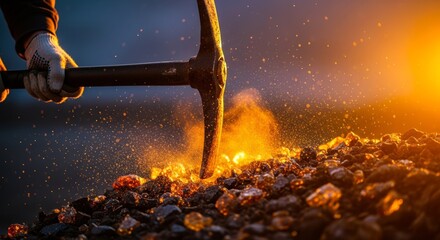 Gloved hand pickaxing a heap of glowing ore, shimmering sparks fly