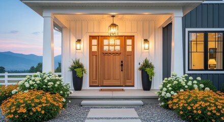 Inviting American dwelling facade at twilight with illuminated entryway