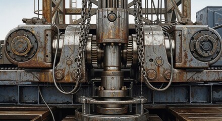 Intricate Industrial Machinery: Close-Up of Rusty Gears and Chains