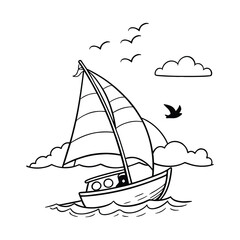 Cute Cartoon Boat Floating Orange Sunset Digital Illustration Sticker