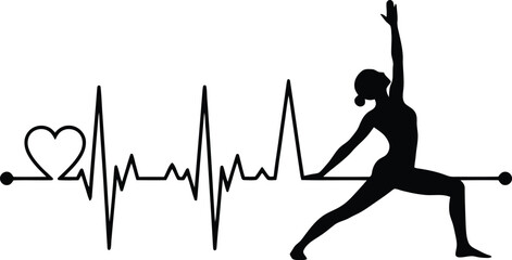 Yoga pose with heartbeat line and heart symbol