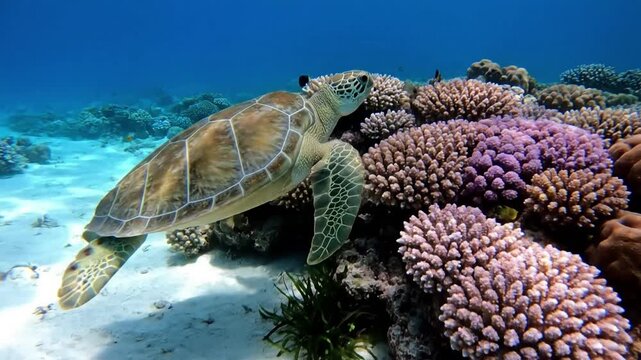Close up on the intricate patterns of a sea turtle's shell, highlighting the unique textures and natural artistry of its protective armor. Capturing the detailed beauty of wildlife, suitable for?