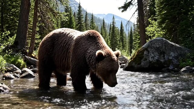 Serene Wilderness Landscape with Dominant Wildlife Presence Showcasing the breathtaking beauty of an untamed forest and river ecosystem, emphasizing the bear's integral role within its natural?