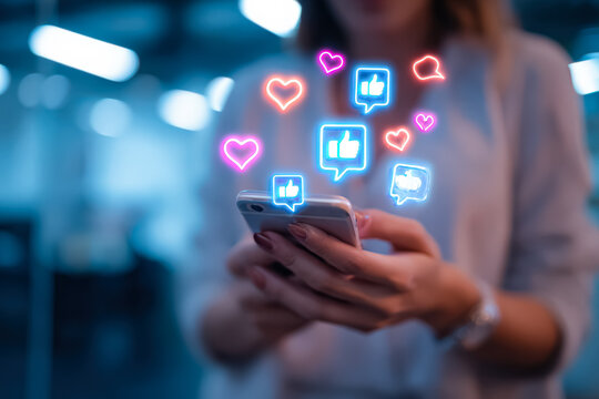 Female user interacts with smartphone displaying vibrant social media icons in a contemporary workspace, showcasing digital engagement