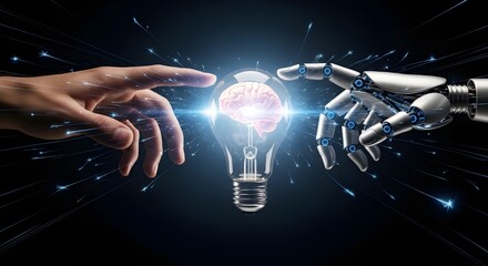 Human hand and robot hand with light bulb brain on dark background