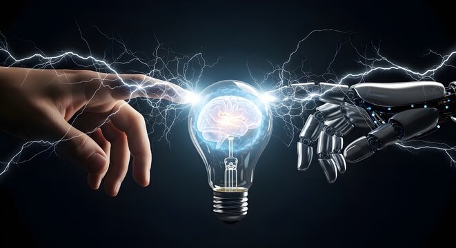 Human and robot hand creating artificial intelligence with brain in lightbulb