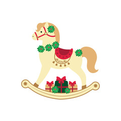 Christmas rocking horse. New year rocking horse with gifts. Merry Christmas. New Year. Xmas. Flat vector cartoon illustration. Wooden toy pony for design holiday decor, new year, greeting card. Horse 