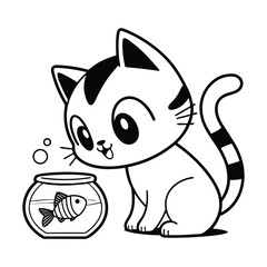 Cute Cat Watching Fish Bowl Cartoon Illustration Digital Artwork