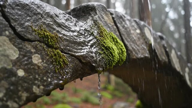 Water drips from vibrant green moss growing on an old, weathered stone wall in a rainy forest.