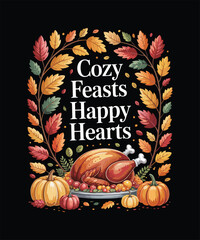 Thanksgiving Turkey Day Celebration T-shirt Design, Autumn Harvest Feast with Roast Turkey, Pumpkins, Fall Leaves, Cozy Seasonal Decor & Warm Holiday Atmosphere for Family Gathering and Festive Dinner