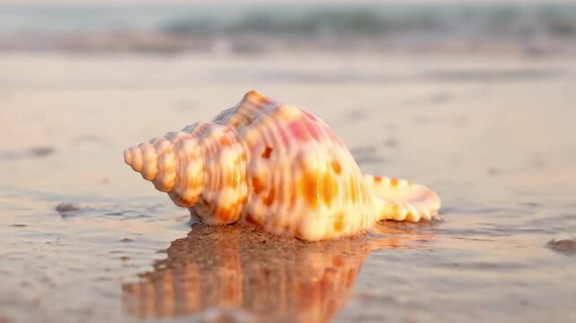 Underwater shot of a spiral shell on the ocean floor, surrounded by small pebbles and refracting sunlight. Showcasing the serene aquatic environment, with subtle water movement and light patterns?