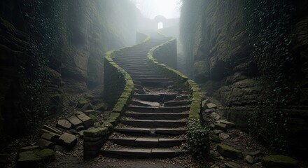 Mysterious winding stone staircase leading to unknown destination in misty, atmospheric forest with moss and ancient architecture