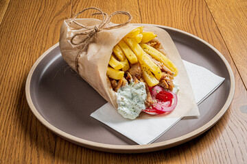 Grilled chicken, crispy fries, and fresh toppings wrapped in paper showcase culinary delight