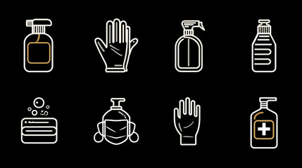 Line art of cleaning and protection supplies on a black background display