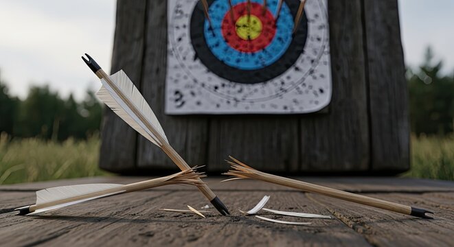 Broken arrows scattered on wooden platform near archery target symbolize failure, setbacks, and the need for perseverance in achieving goals.