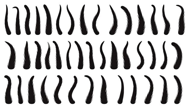 Rows of varied black abstract brush strokes on white, resembling commas and parentheses, creating visual rhythm