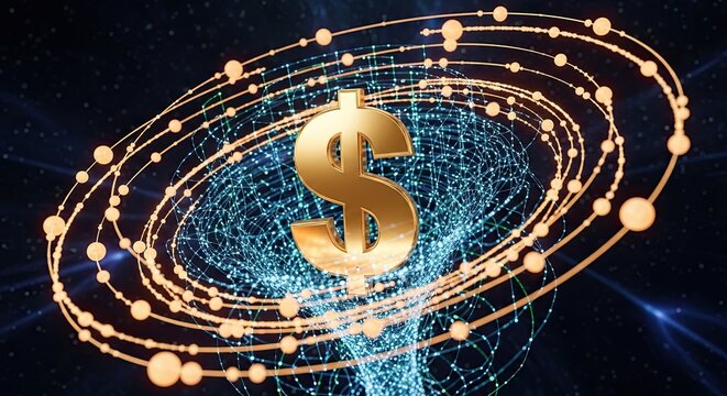 Stunning golden dollar sign glows within dynamic digital network, symbolizing global finance, technology, and economic growth in a modern abstract concept