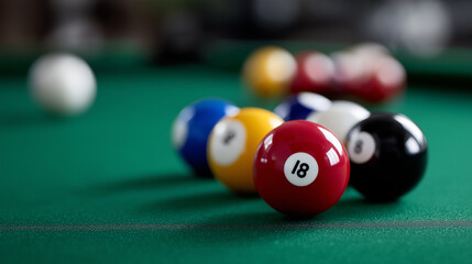 Close-up detailed view of colorful billiard balls arranged neatly on green felt pool table under warm ambient lighting, showcasing glossy reflections, precise textures, and recreational anticipation 