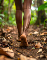 The feet of a person walking in the forest