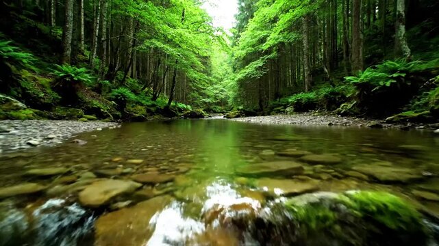 Sun Dappled Riverbed Through Crystal Clear Waters: An underwater or submerged view revealing the riverbed, with sunlight filtering through the water, illuminating pebbles, sand, and aquatic plants, sh