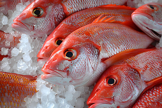 Fresh Red Snapper Fish on Ice at Seafood Market
